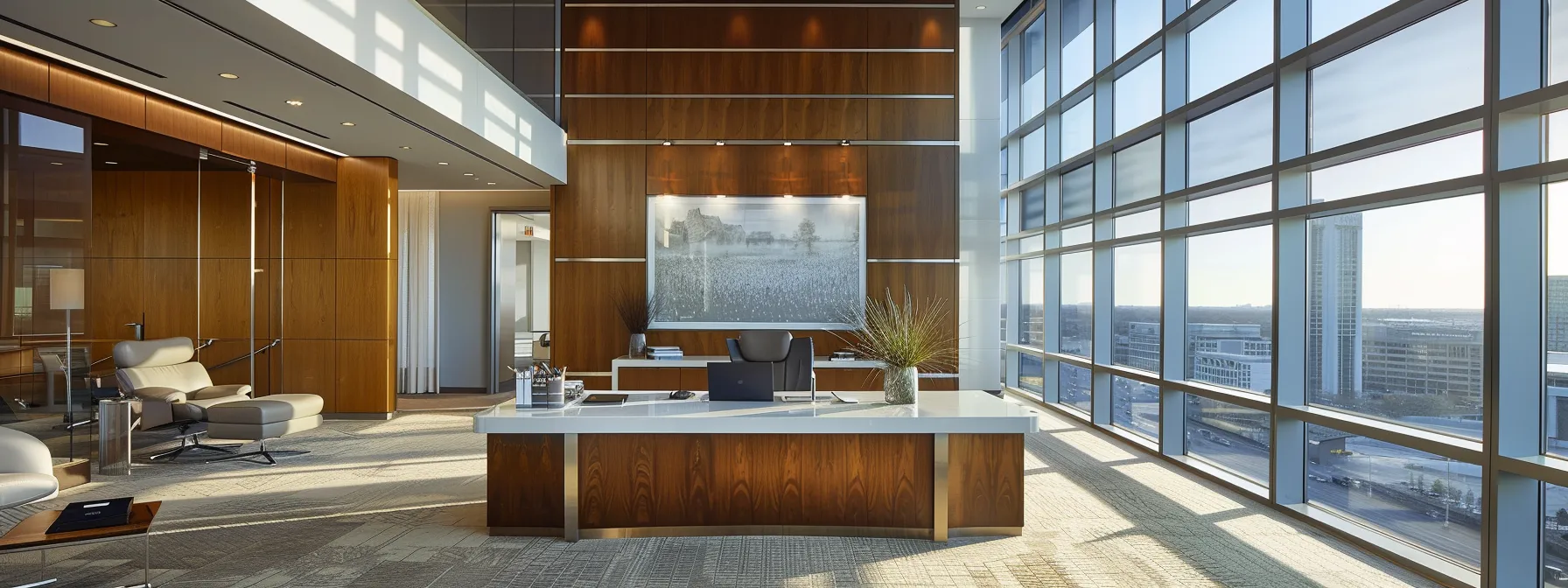 a sleek, modern office workspace illuminated by sharp overhead lighting features a sophisticated executive desk adorned with a high-tech laptop and a minimalist decorative piece, embodying professionalism and innovation.