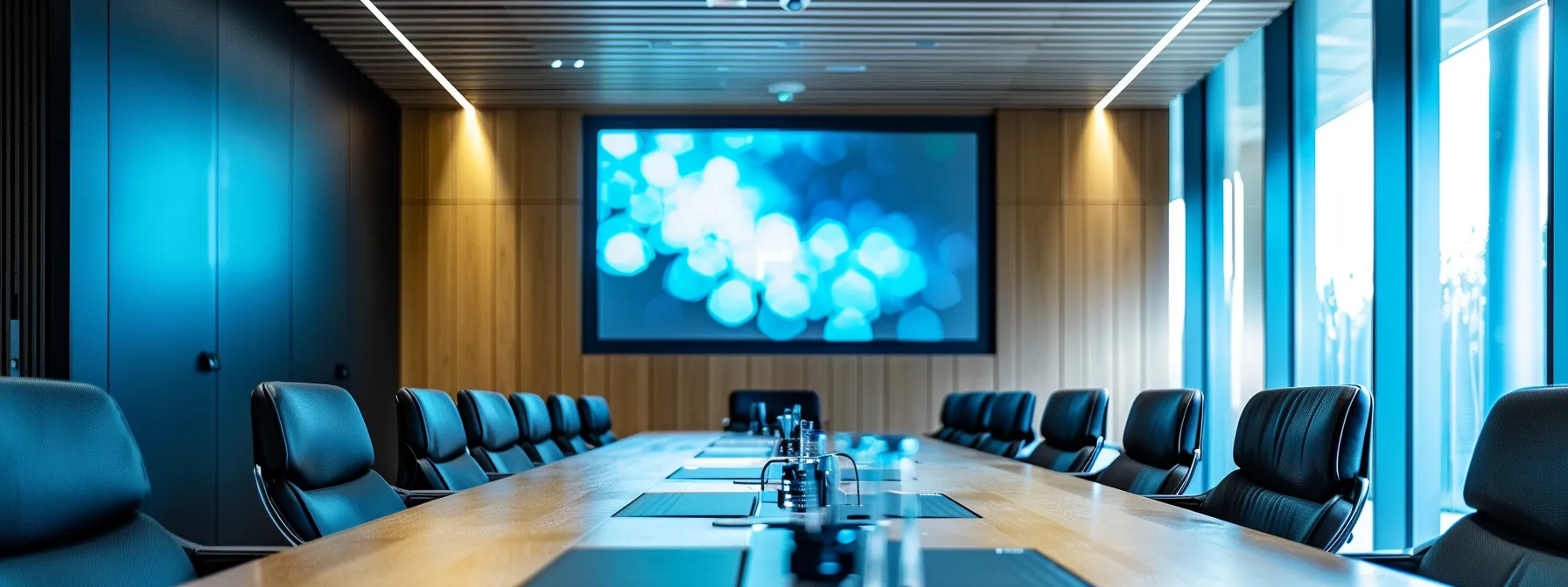 a sleek, modern office conference room is illuminated by dramatic overhead lighting, with a large, polished table surrounded by high-backed chairs, showcasing a vibrant digital presentation projected on the wall, emphasizing innovation and collaboration.