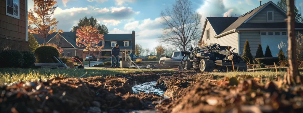 a busy urban landscape showcases professional french drain installers in action, skillfully assessing a residential property with state-of-the-art equipment and a sleek company vehicle in the background, highlighting their expertise and commitment to effective drainage solutions.