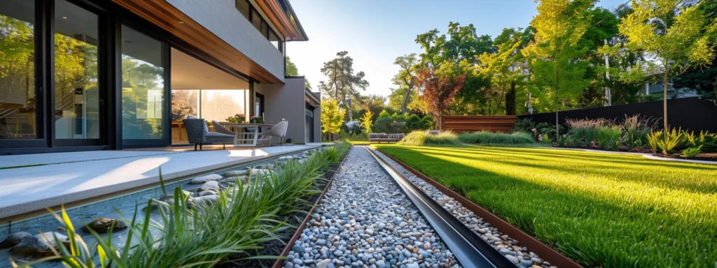 a sleek, modern residential backyard showcases an expertly installed french drain system, with visible gravel-lined trenches directing water away from a beautifully landscaped area, set against a backdrop of contemporary architecture under clear blue skies.